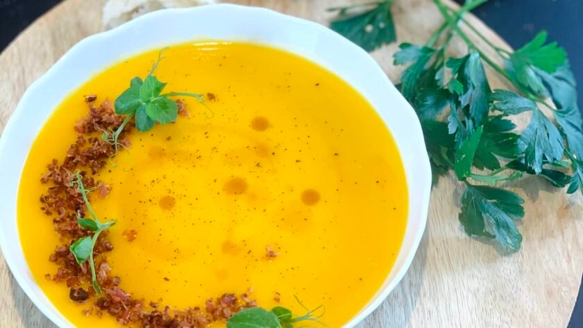 Potage courge butternut - Croustillant de lard et sirop d’érable