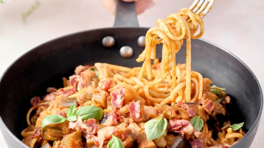 Linguine lardons et aubergine • Leslie en Cuisine