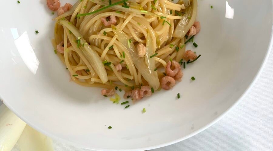 Spaghetti chicons – crevettes grises
