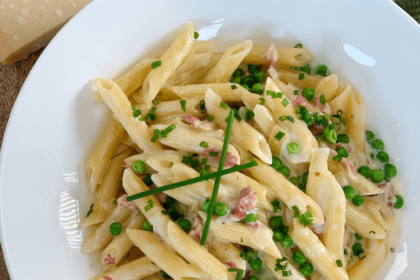 Pennette pancetta, parmesan et petits pois • Leslie en Cuisine